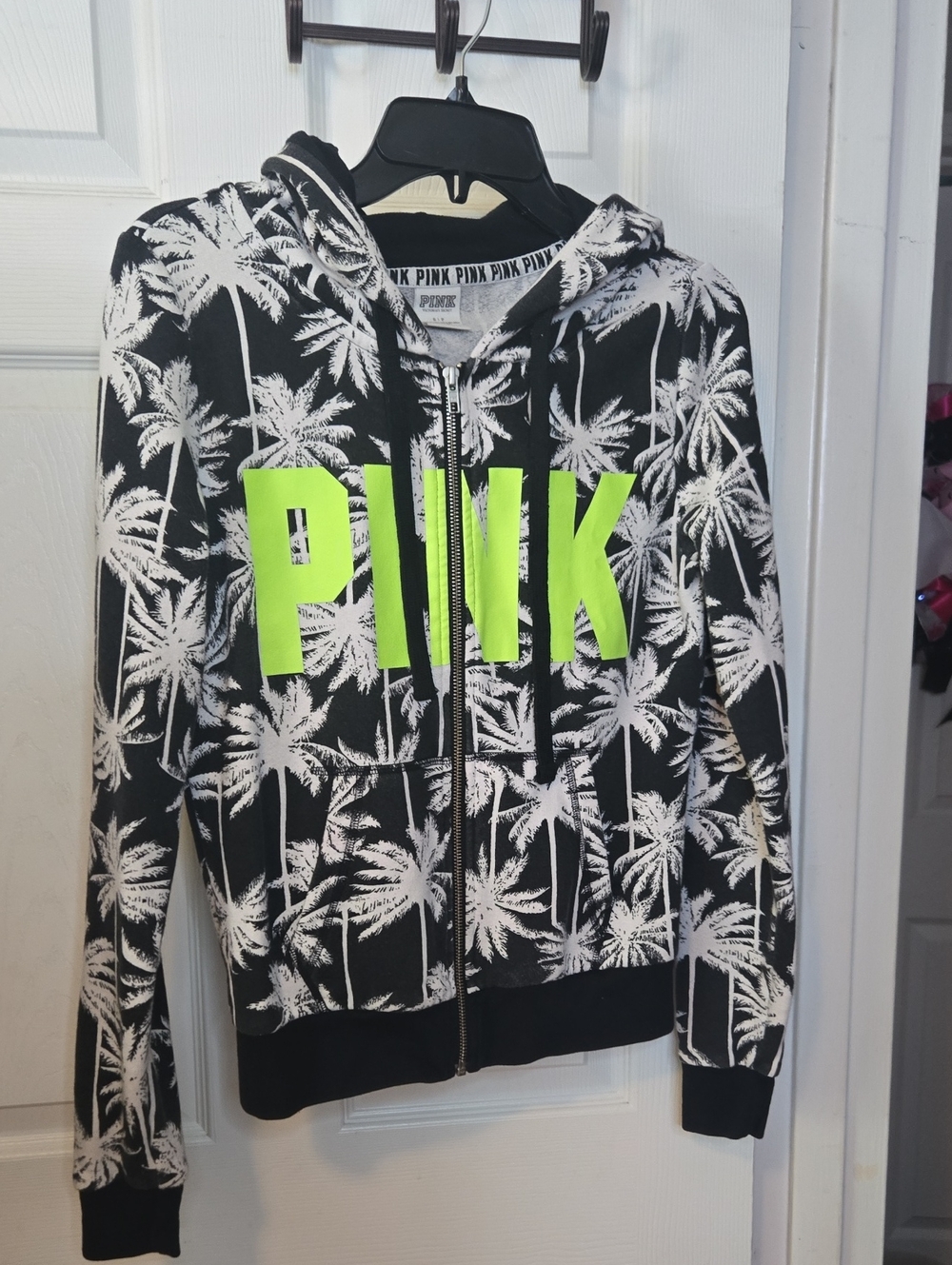 PINK Victoria's Secret Black Palm Print Zip Hoodie with Neon Green Logo